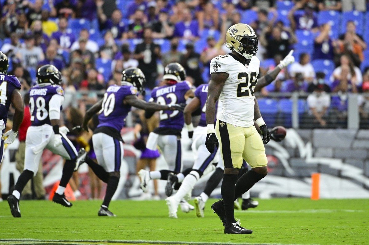 New Orleans Saints running back Latavius Murray (28) walks off the field against the Baltimore Ravens. Mandatory Credit: Tommy Gilligan-USA TODAY Sports
